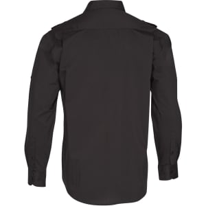 A black long sleeve military shirt featuring a button-up design and shoulder epaulets, with a logo on the sleeve.