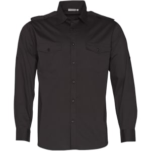 A black long sleeve military-style button-up shirt featuring two chest pockets and shoulder epaulets.