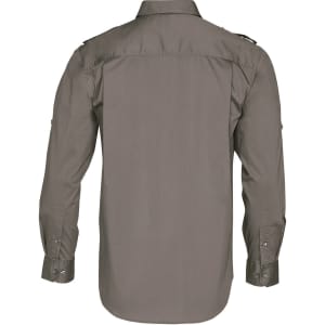 A men's long sleeve military shirt in khaki green, featuring button-up details and shoulder epaulettes.