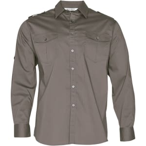 A men's long sleeve military shirt in olive green with button-up front and two chest pockets. Features a logo.