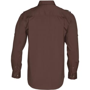 A brown long sleeve military shirt with button-up front and shoulder epaulettes. Features a logo on the shirt.