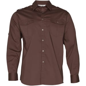 A brown long sleeve military shirt with button-up front, two chest pockets, and shoulder epaulettes. It features a logo.