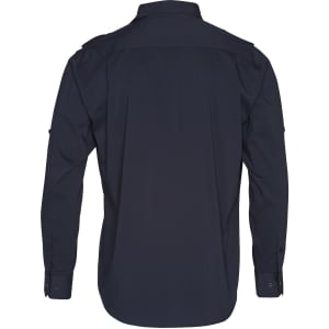 A men's long sleeve military shirt in navy blue, featuring a button-up design and shoulder epaulets.