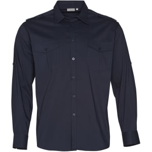 A navy blue long sleeve military-style shirt featuring two chest pockets and shoulder details. It includes a logo.