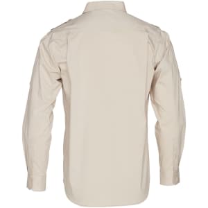 A long sleeve military-style shirt in beige, featuring a button-up front and shoulder epaulets. Includes a logo.