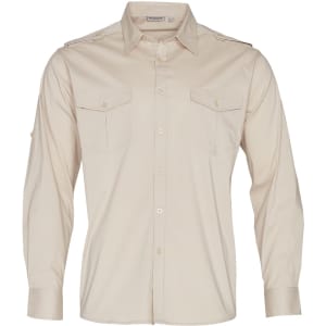 A beige long sleeve military-style shirt with two chest pockets and shoulder epaulettes. It features a button-up front and has a logo.