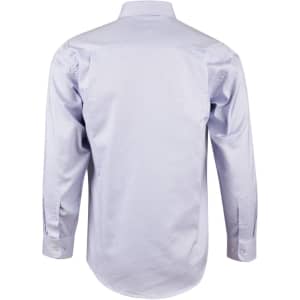 A light blue long sleeve button-up shirt featuring a contrasting dot design and a logo.