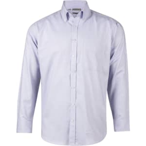 A long sleeve, button-up shirt in light blue with a pocket and a logo.