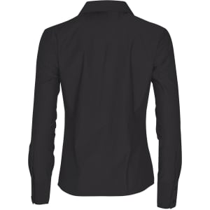 A black women's long sleeve button-up shirt featuring a fitted design and a collar, with a logo on the back.