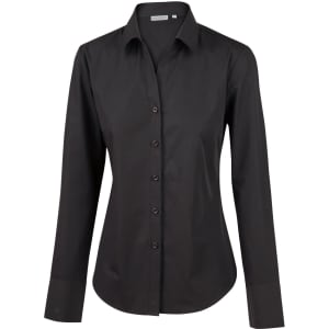 A black women's long sleeve button-up shirt with a classic collar, featuring a logo on the chest.