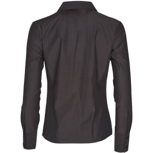 A dark grey women's button-up long sleeve shirt with a collar and buttoned cuffs, featuring a logo.