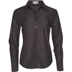 A black long sleeve button-up shirt for women, featuring a collar and a logo on the label.