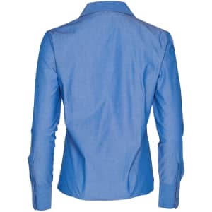 A blue button-up long sleeve shirt with a collar and long sleeves, featuring a logo.