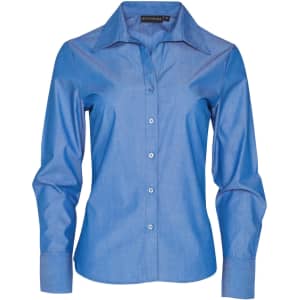 A blue long sleeve button-up shirt featuring a collar and a logo at the neckline.