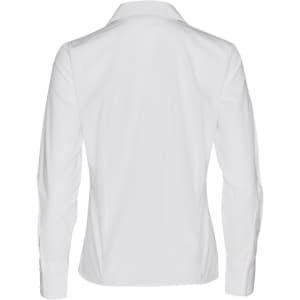A white women's long sleeve button-up shirt featuring a classic collar and a logo on the back.