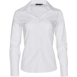 A white long sleeve button-up shirt with a collar, featuring a logo on the label.