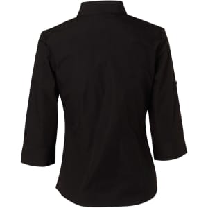 A black women's button-up shirt with 3/4 sleeves and a collar, featuring a logo on the back.
