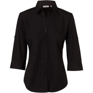 A black women's button-up shirt with 3/4 sleeves and a logo at the collar.