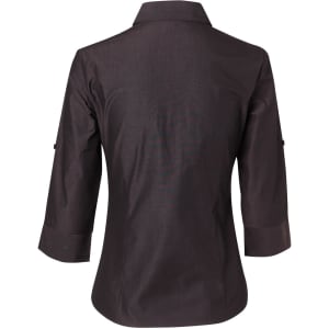 A women's 3/4 sleeve button-up shirt in dark colour, featuring a back view with rollable sleeves. Includes a logo.