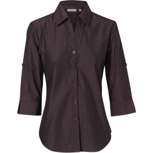 A dark brown women's button-up shirt with 3/4 sleeves, featuring a classic collar and a subtle logo.