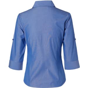 A blue women's button-up shirt with 3/4 sleeves, featuring a collar and rolled-up cuffs. The shirt has a logo.