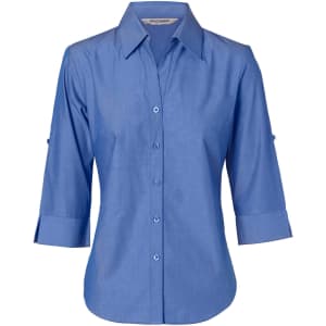 A blue women's button-up shirt with 3/4 sleeves and a collar, featuring a logo on the fabric.