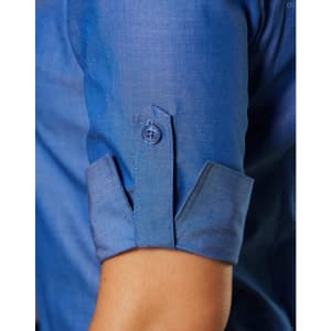 A blue women's button-up shirt featuring 3/4 sleeves with button details and a sleek finish.