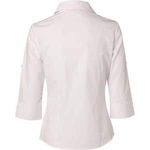 A white women's button-up shirt featuring 3/4 sleeves and a back view with a logo.