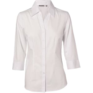 A white women's button-up shirt with 3/4 sleeves, featuring a collar and a logo on the upper section.