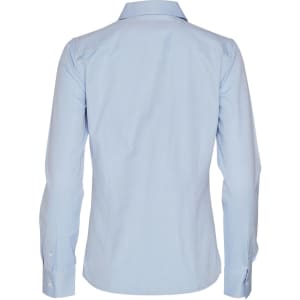 A long-sleeved, button-up shirt in light blue, featuring a simple design and a back view. Includes a logo.