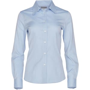 A light blue women's long-sleeve button-up shirt with a collar and button front, featuring branding.