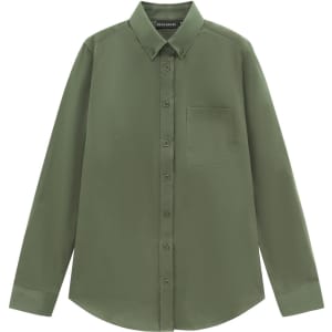 A long-sleeve, smart casual shirt in olive green with a button-up front and a chest pocket. It features a logo.
