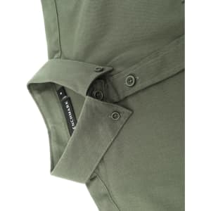 A khaki green long-sleeve cotton blend shirt with a collar and button details, featuring a logo tag.