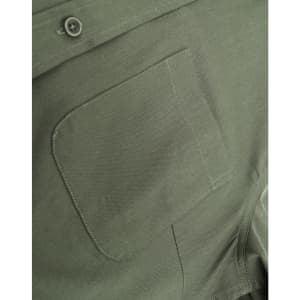 An olive green cotton blend shirt features a button-down collar and a chest pocket. It includes a logo.