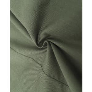 A close-up of dark green cotton blend fabric, showcasing its texture and softness. The material is smoothly folded.