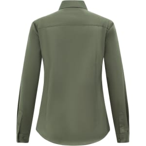 An olive green ladies' long-sleeve shirt with a collar and buttoned cuffs, featuring a back view and logo branding.