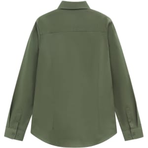 A ladies' long-sleeve shirt in olive green with a back view, featuring a collar and buttoned cuffs, has a logo.