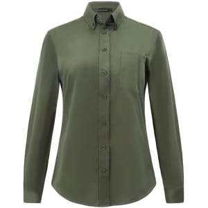 A green ladies' smart casual long-sleeve cotton blend shirt featuring a button-up front and a chest pocket.