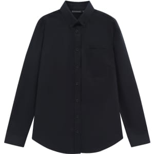A black long-sleeve shirt with a button-down collar and a single chest pocket. The shirt features branding.