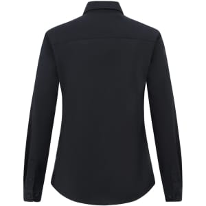 A black long-sleeve shirt with a collar and buttoned cuffs, featuring a logo on the back.