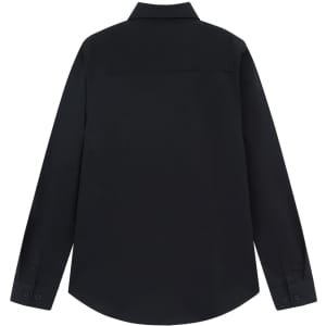 A black long-sleeved shirt with a collar and button cuffs, featuring a back yoke and tailored design.