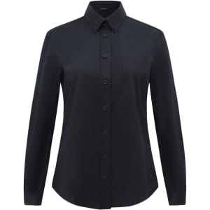 A black ladies' long-sleeve shirt featuring a button-up front and a chest pocket, with a logo on it.