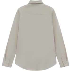 A light beige long-sleeve cotton blend shirt with a collar and buttoned cuffs, featuring a logo.
