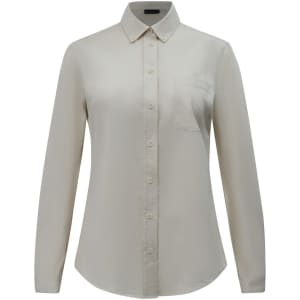 A ladies' long-sleeve shirt in a light beige cotton blend with a button-down front and a chest pocket.