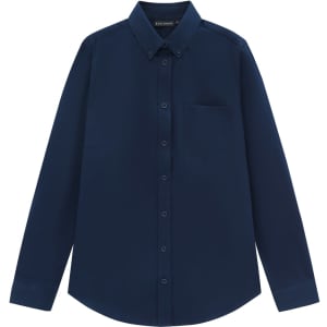 A navy long-sleeve shirt made from a cotton blend, featuring a button-down collar and a chest pocket.