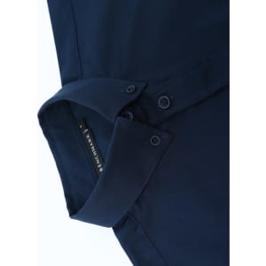 A navy cotton blend long-sleeve shirt with a buttoned collar and branding.