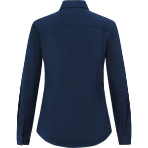 A navy long-sleeve shirt with a collar and buttoned cuffs, featuring a smooth fabric. It has a logo on the back.