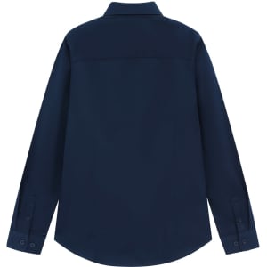 A navy blue long-sleeve shirt featuring a collar and button details, with a plain back view and a branding logo.