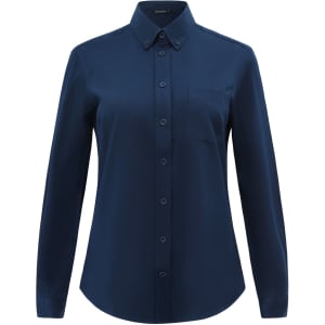 A navy long-sleeved shirt made from a cotton blend, featuring a button-up front and a chest pocket.