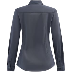 A navy long-sleeve cotton blend shirt with a fitted back design and buttoned cuffs. Features a collar and a logo.